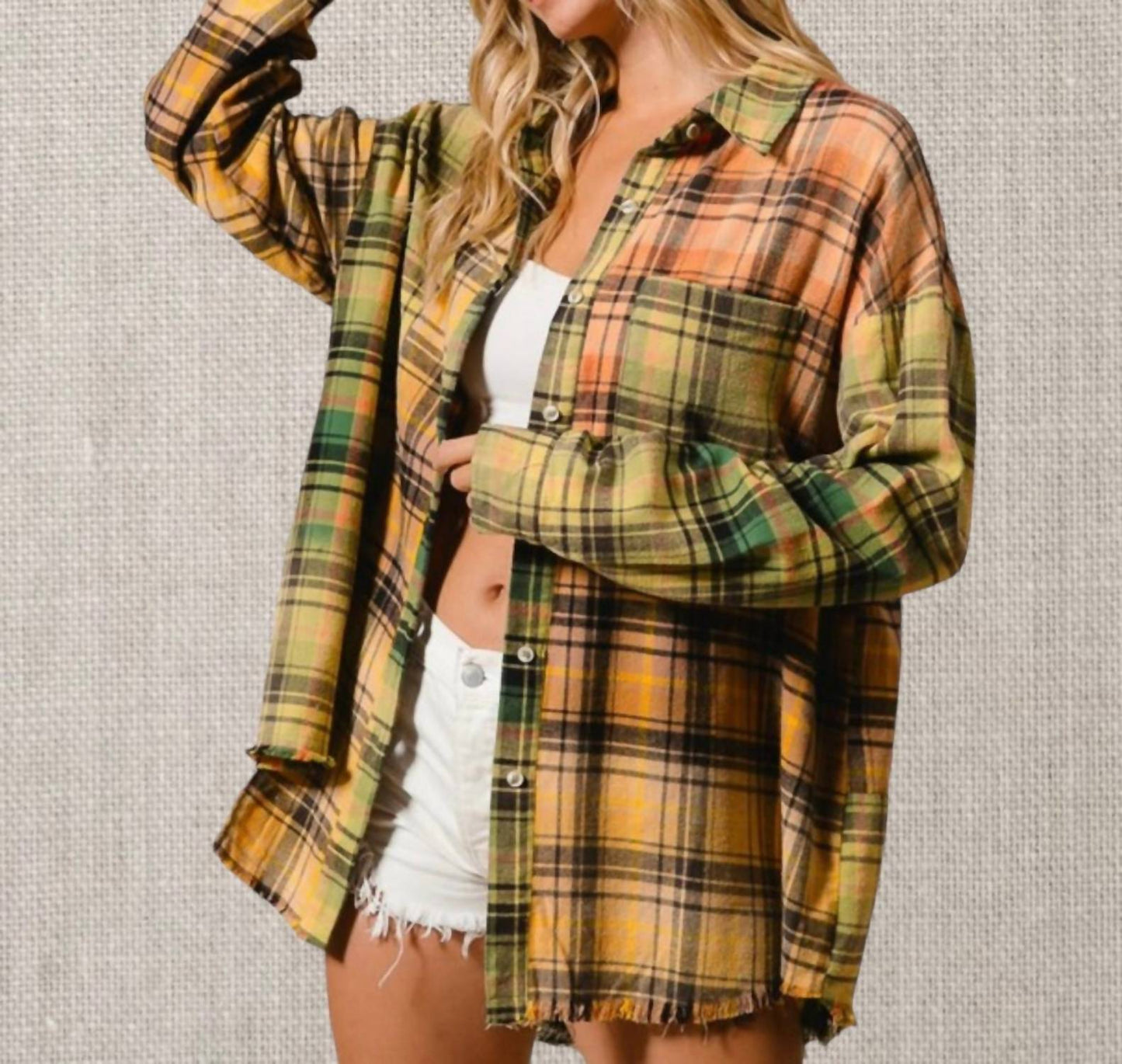 Bibi - Frayed Hem Plaid Shirt
