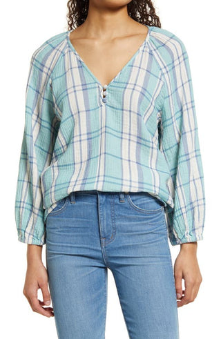 Caslon Teal Plaid Seersucker Raglan Sleeve Top