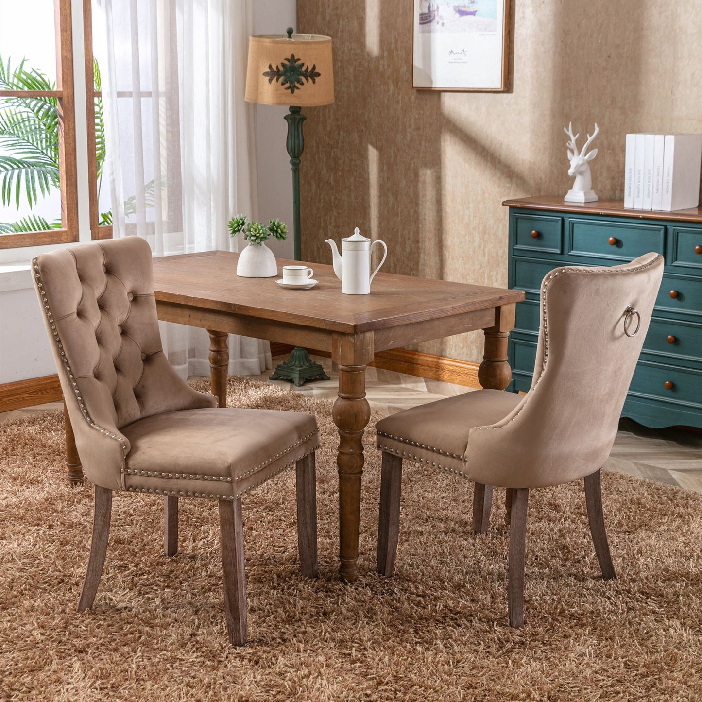 Nikki Collection Modern Tufted Velvet Upholstered Dining Chair - 2 Pieces, Khaki