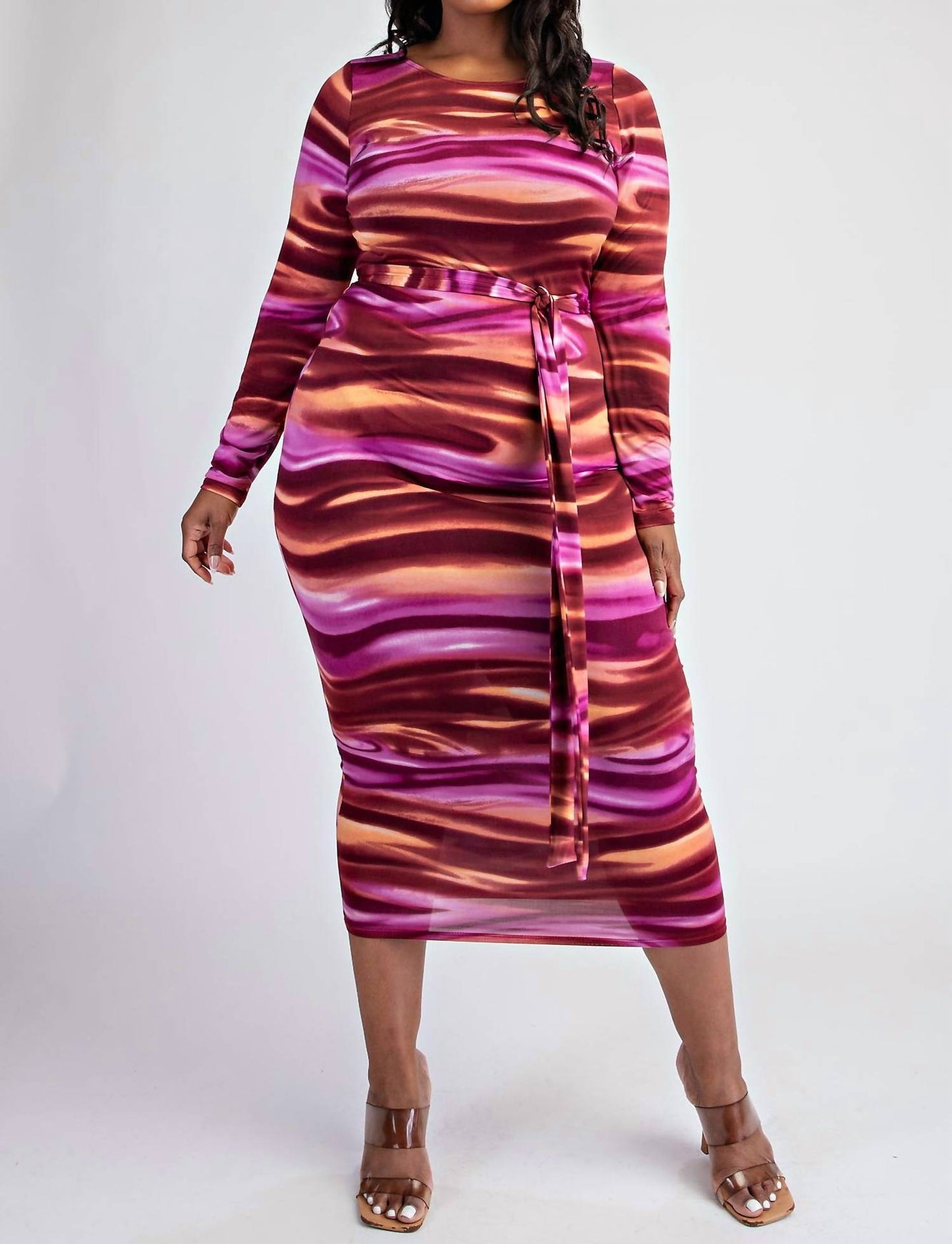 The Curve La - Plus Size Knit Long Sleeve Midi Dress With Self-tie Belt