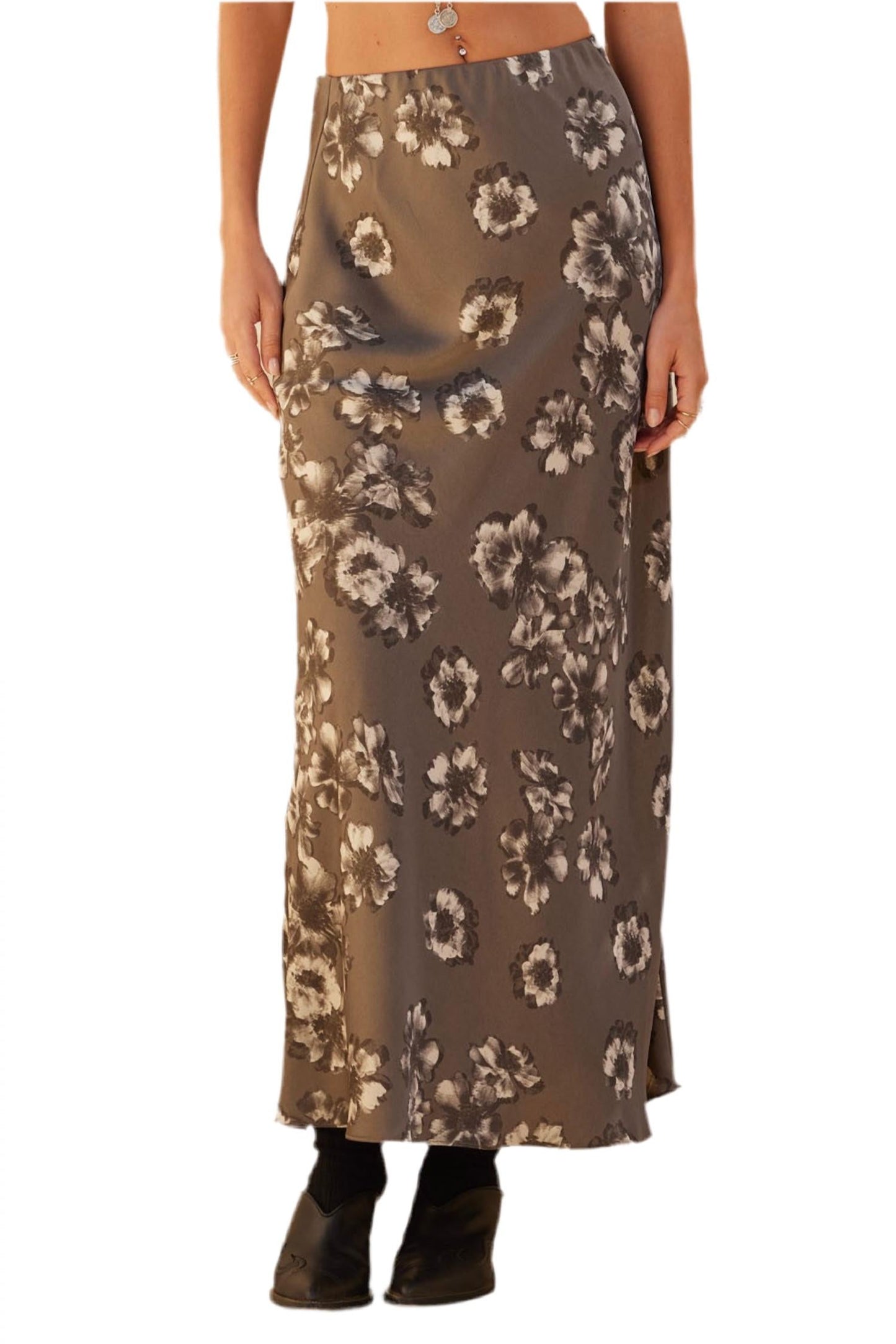 Promesa - Whispering Petals Bias-cut Floral Satin Maxi Skirt