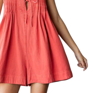 Veveret - V-neck Puff Sleeve Denim Short Romper