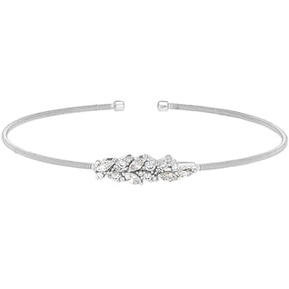 Bella Cavo - Rhodium Cable Cuff Bracelet with Simulated Diamond Leaf Pattern