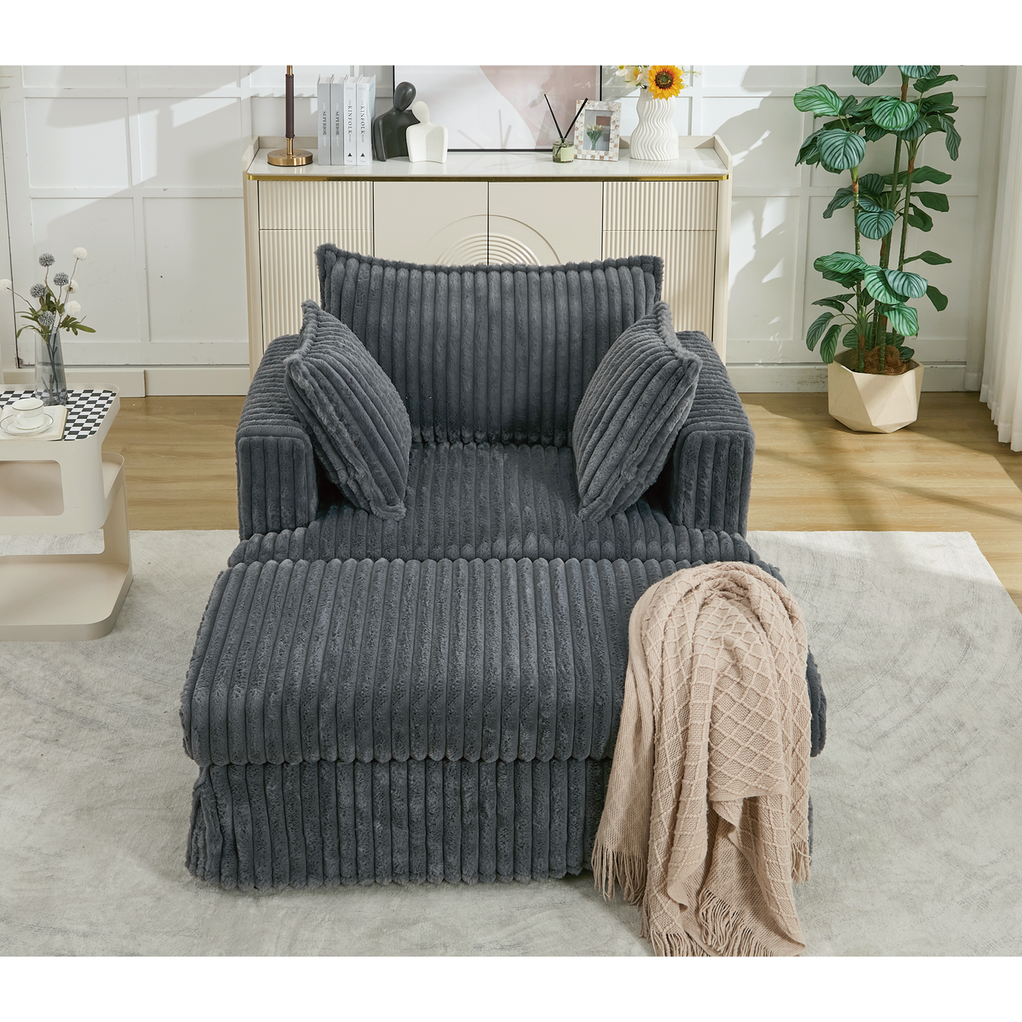 Oversized Corduroy Chaise Lounge with Ottoman in Dark Gray