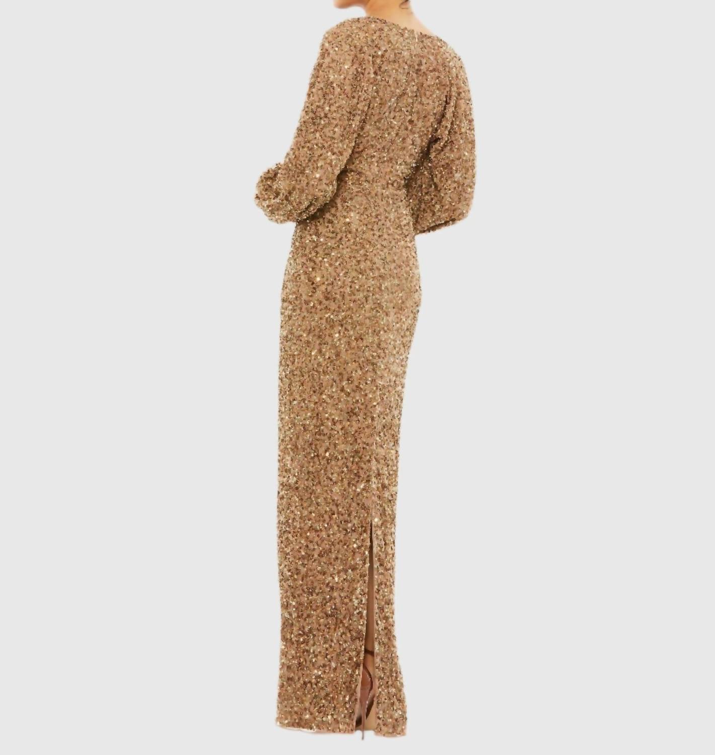 Mac Duggal - Sequined Puff Sleeve V Neck Gown