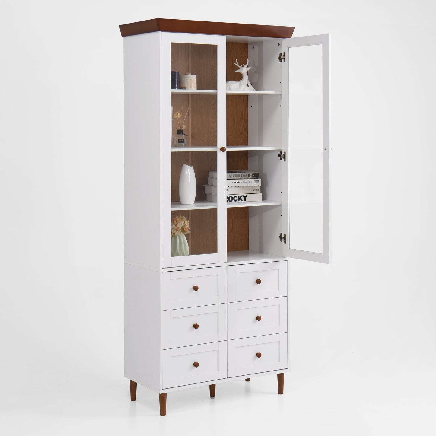 White MDF Display Storage Cabinet with Glass Doors and Adjustable Shelves