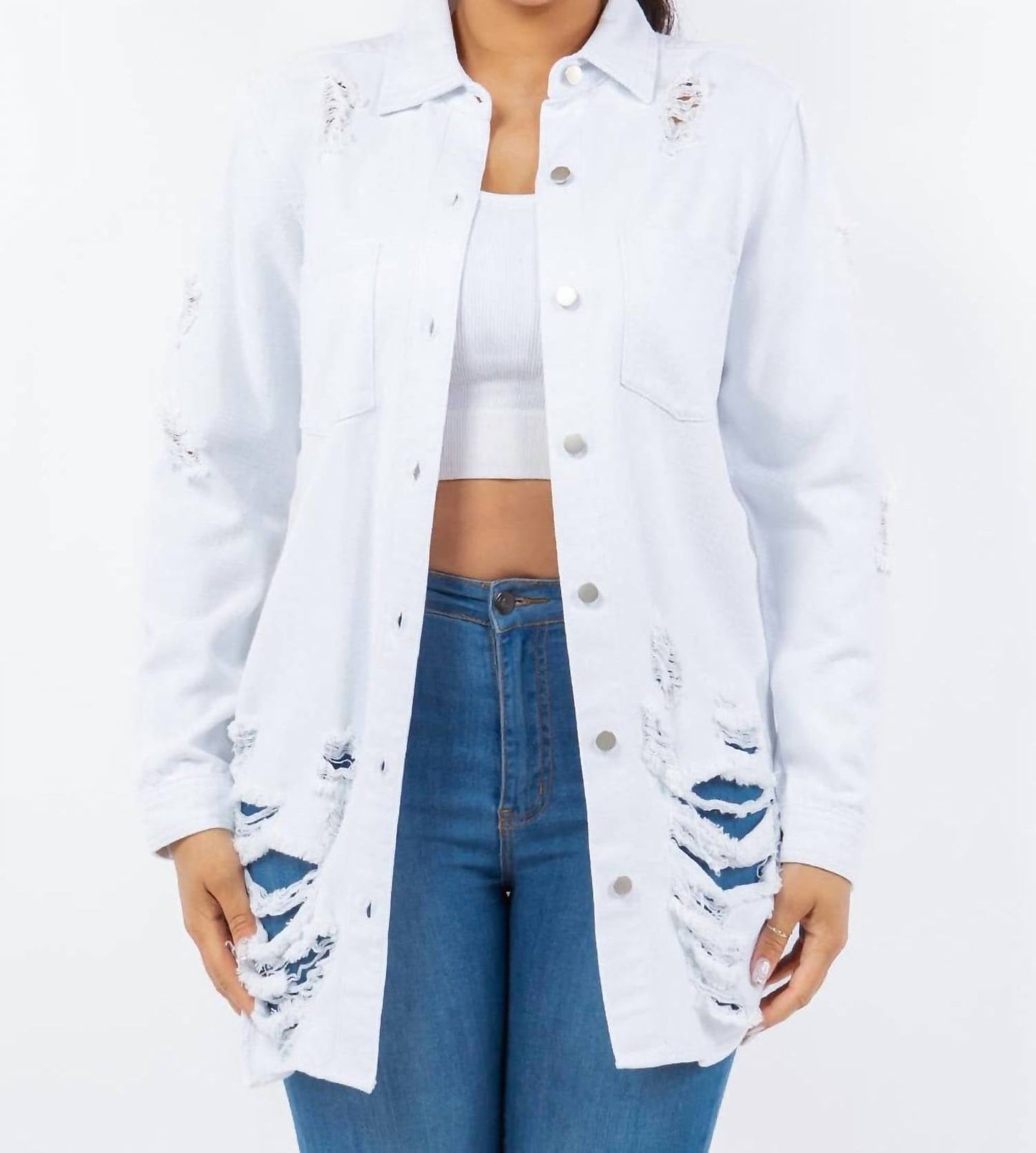 American Bazi - Distressed Button Up Long Sleeve Denim Jacket