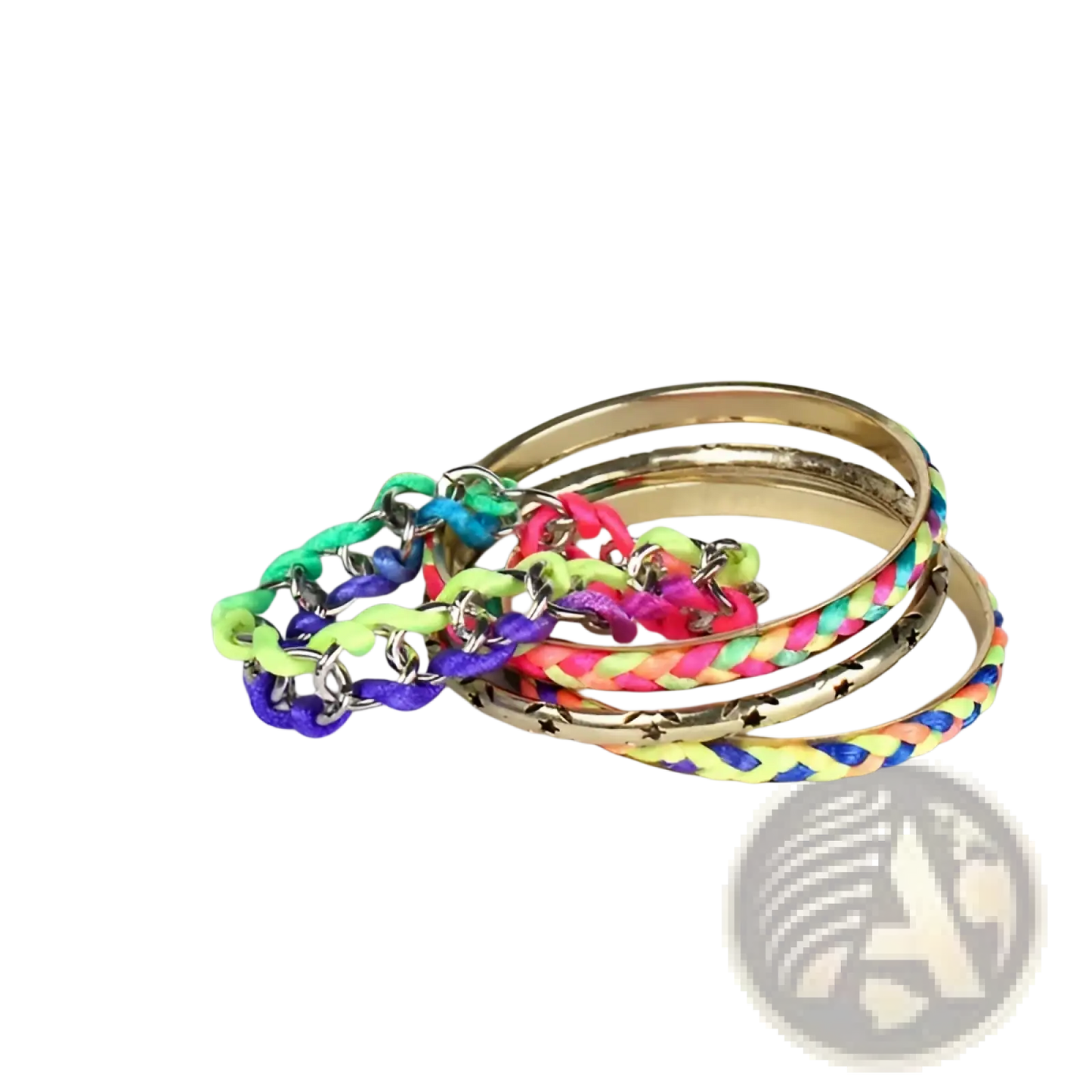 4 Piece Neon Braided Bangle Set with Gold Star Accents