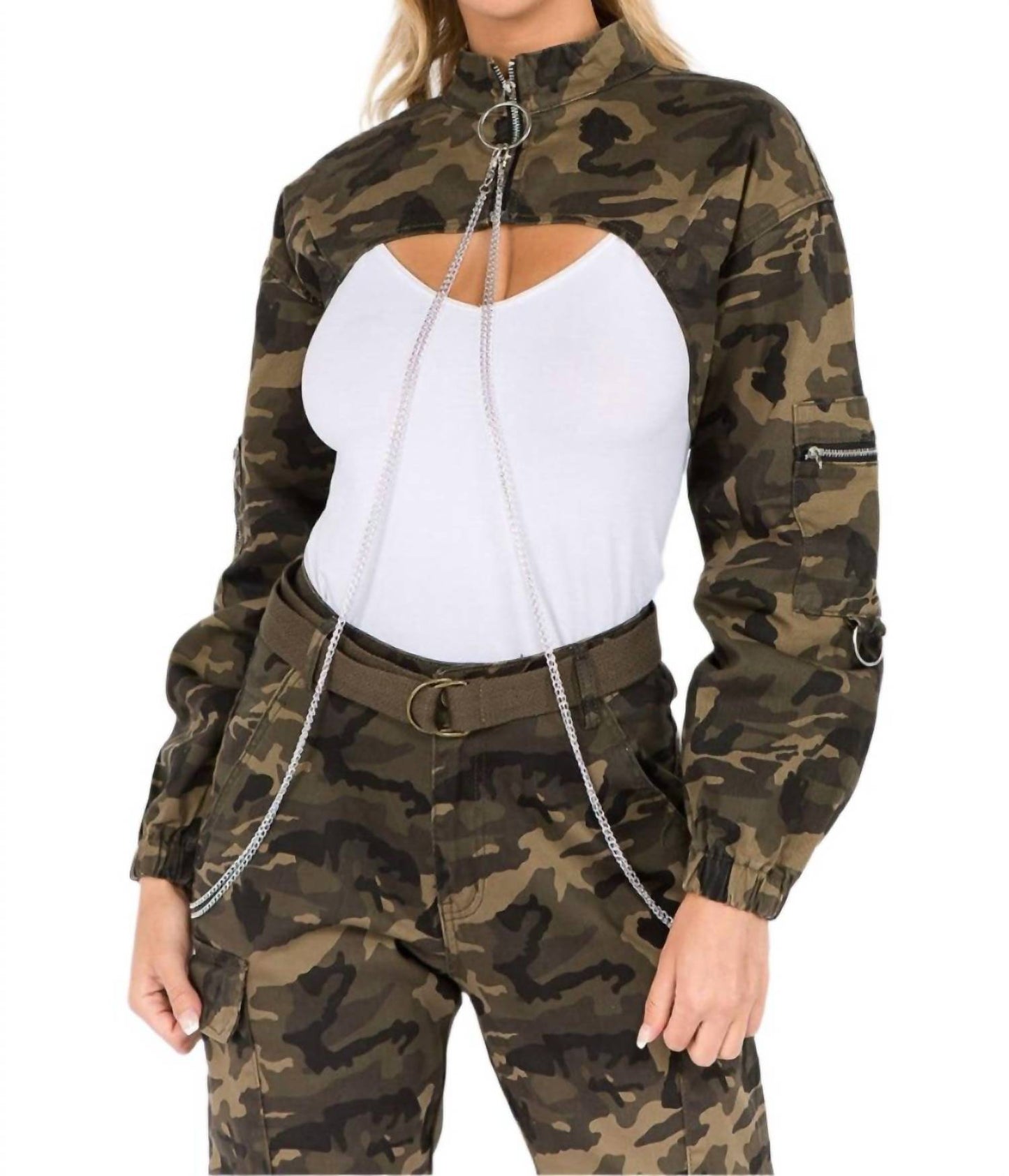 American Bazi - Camouflage Cropped Jacket With Chains