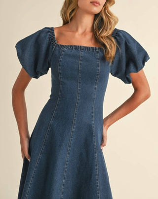 Klesis - Denim Puff Sleeve A-Line Midi Dress