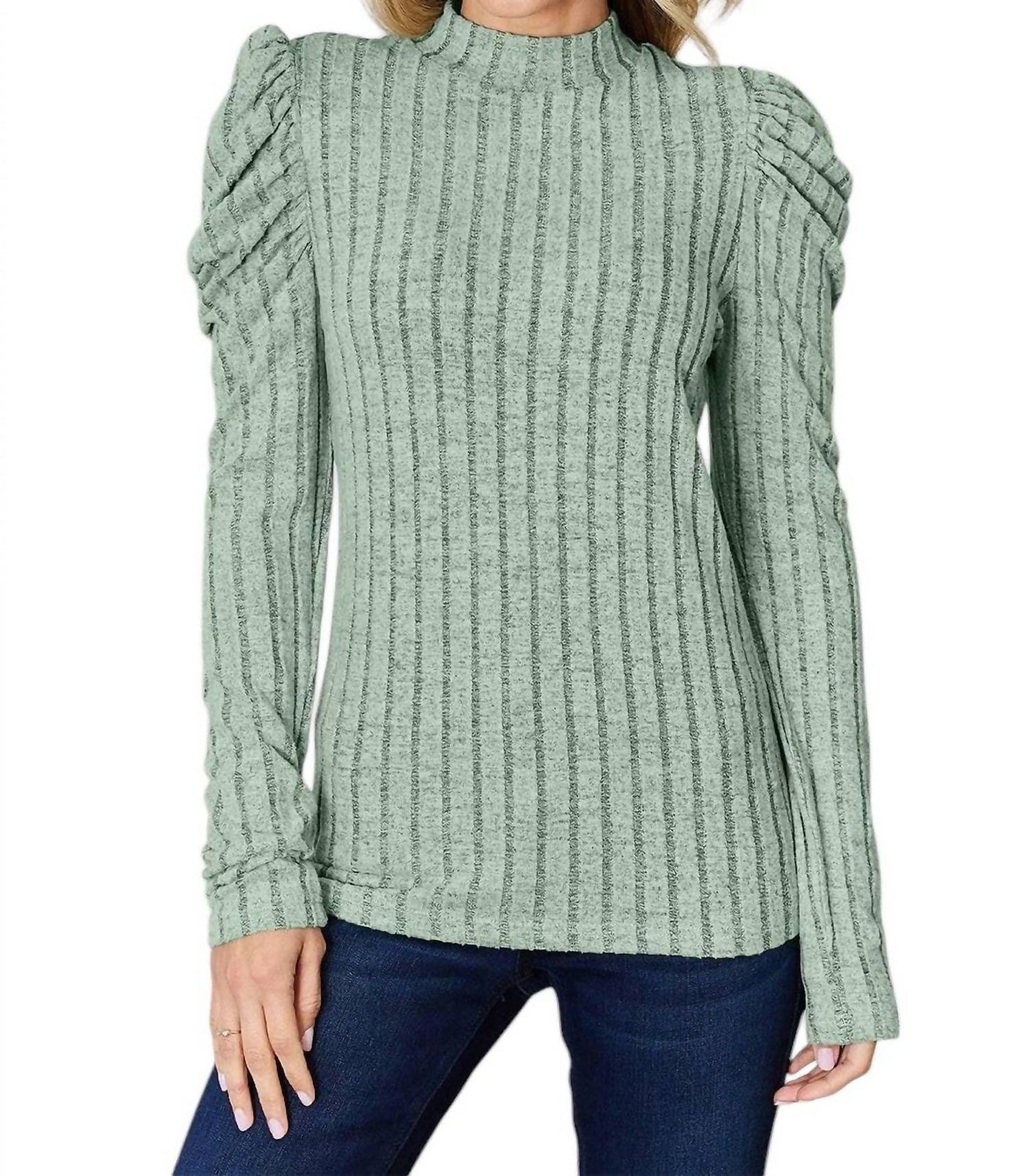 Basic Bae - Ribbed Mock Neck Top With Puff Sleeves