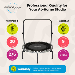 JumpSport 350 Series 39" Fitness Trampoline & Handle Bar Bundle, Adjustable Bungees, Stable No-Tip Arched Legs, & 60 Day Streaming Trial