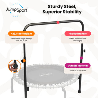 JumpSport 350 Series 39" Fitness Trampoline & Handle Bar Bundle, Adjustable Bungees, Stable No-Tip Arched Legs, & 60 Day Streaming Trial