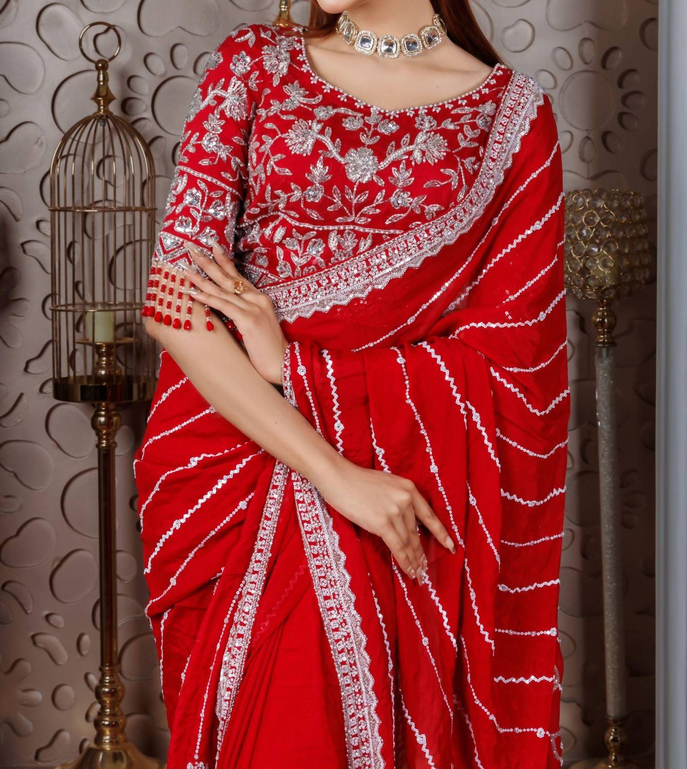 Zaalima Fashion - Chiffon Embroidered Saree With Mirror & Thread Work