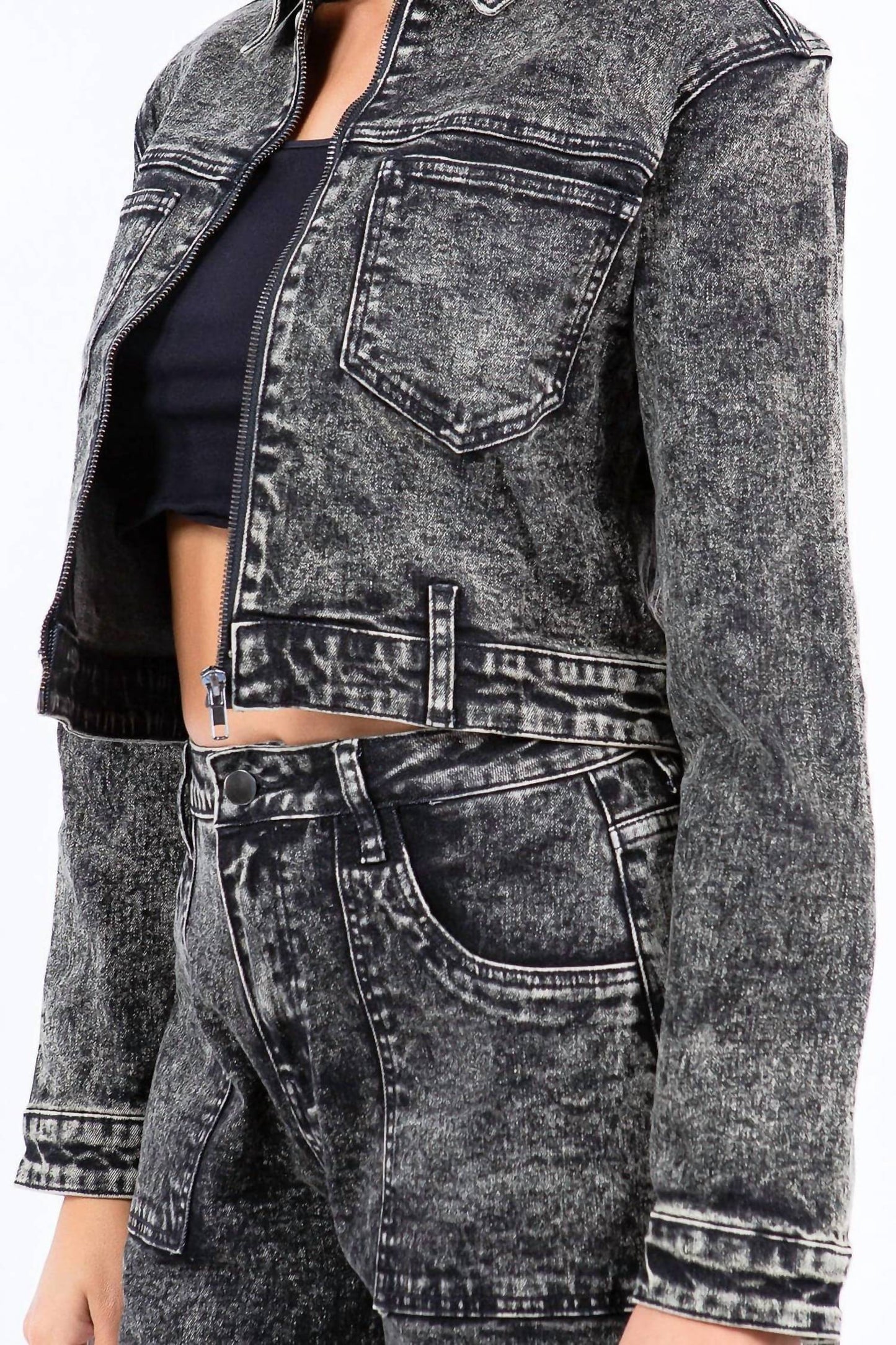American Bazi - Chic Cropped Zip-up Bleached Jacket