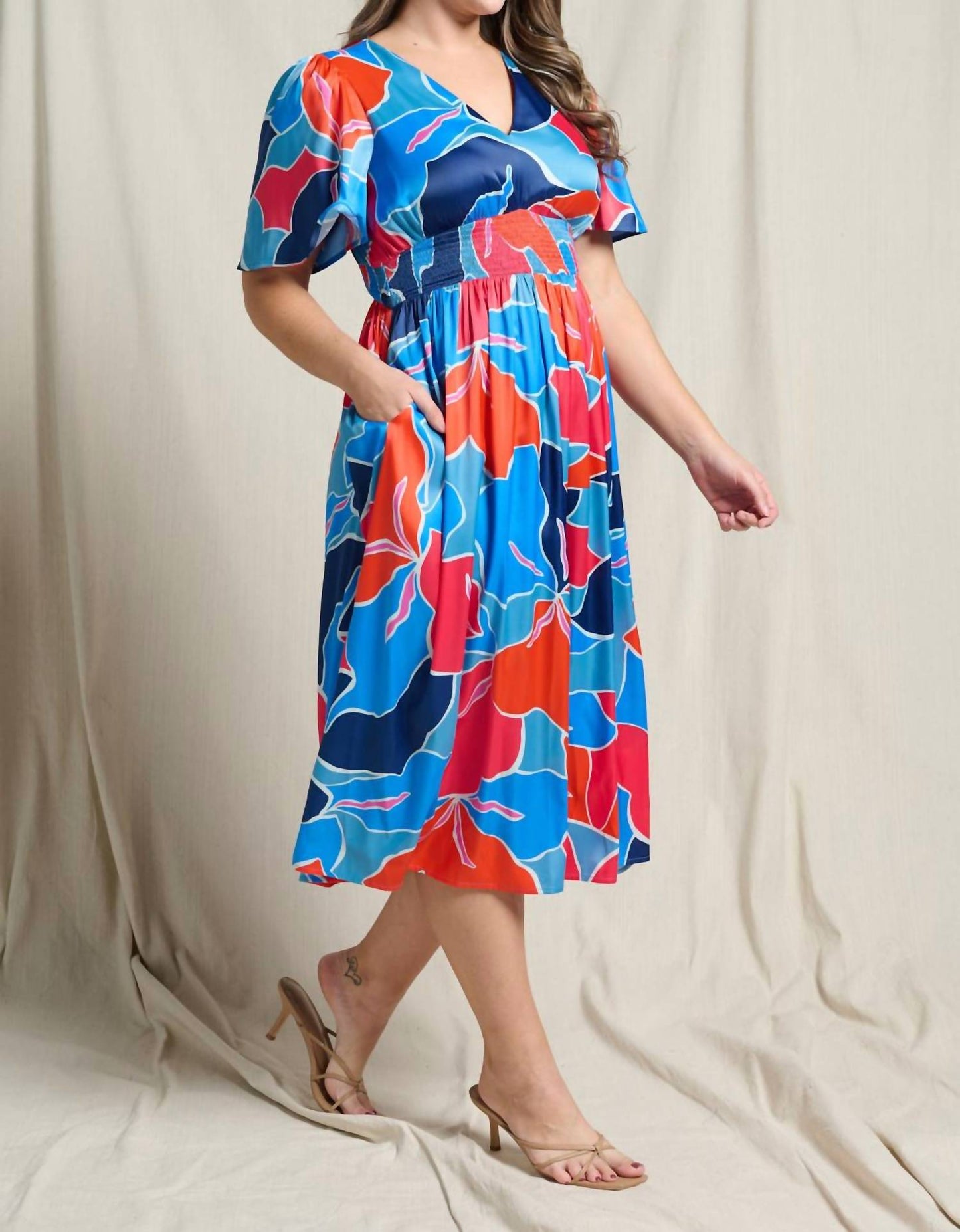 Doe And Rae - Floral V-neck Flutter Short Sleeve Smocked Waist Dress