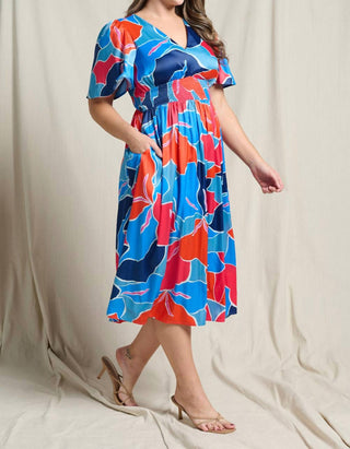 Doe And Rae - Floral V-neck Flutter Short Sleeve Smocked Waist Dress