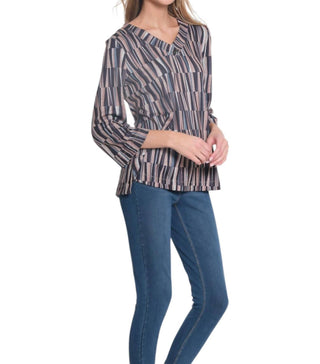 Multiples - Three Quarter Sleeve 2-button V-neck Band Top