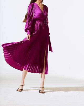 Joseph Ribkoff - Pleated Satin Belted Midi Wrap Dress