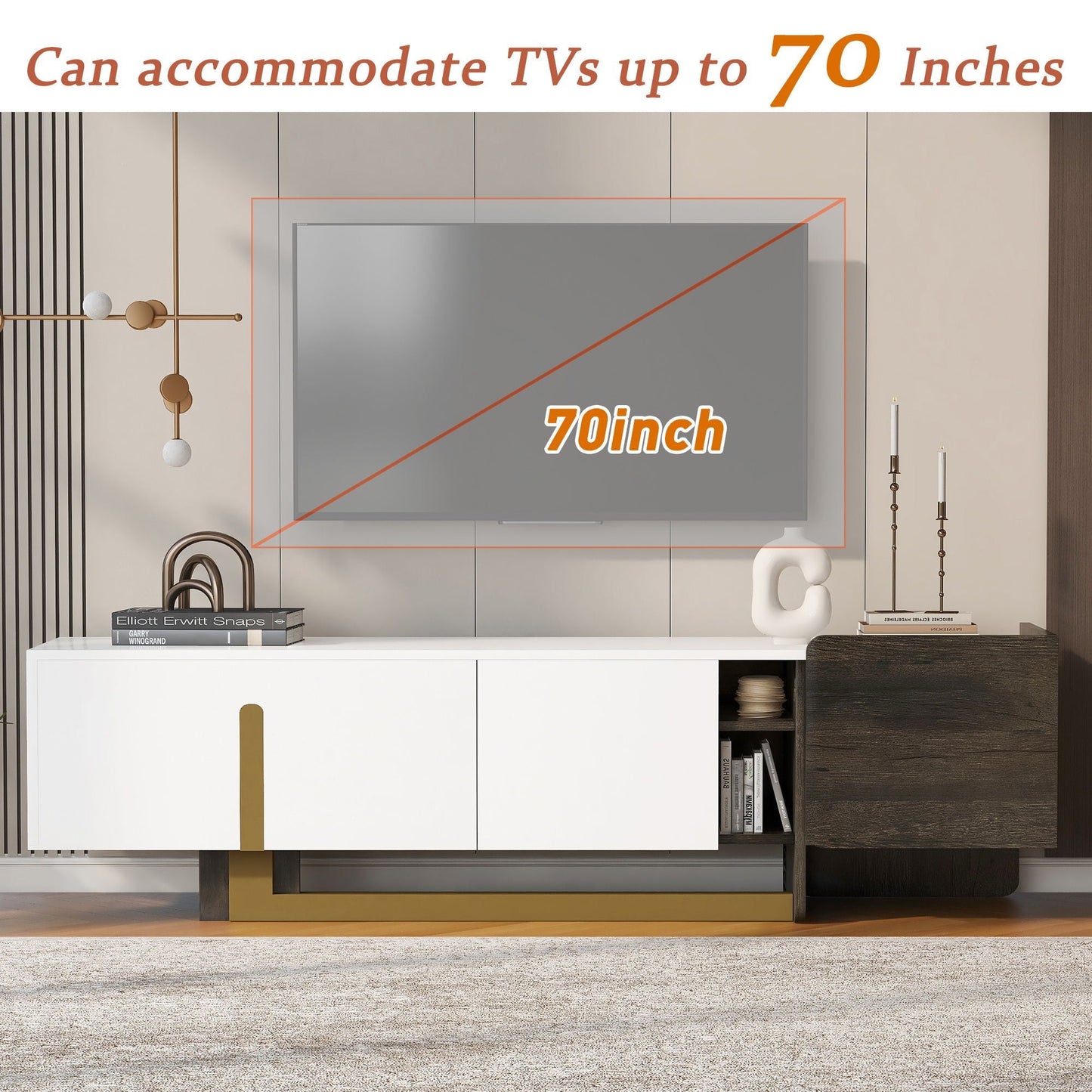 TV Stand With 1 Drawer, 2 Cabinets And Adjustable Shelves