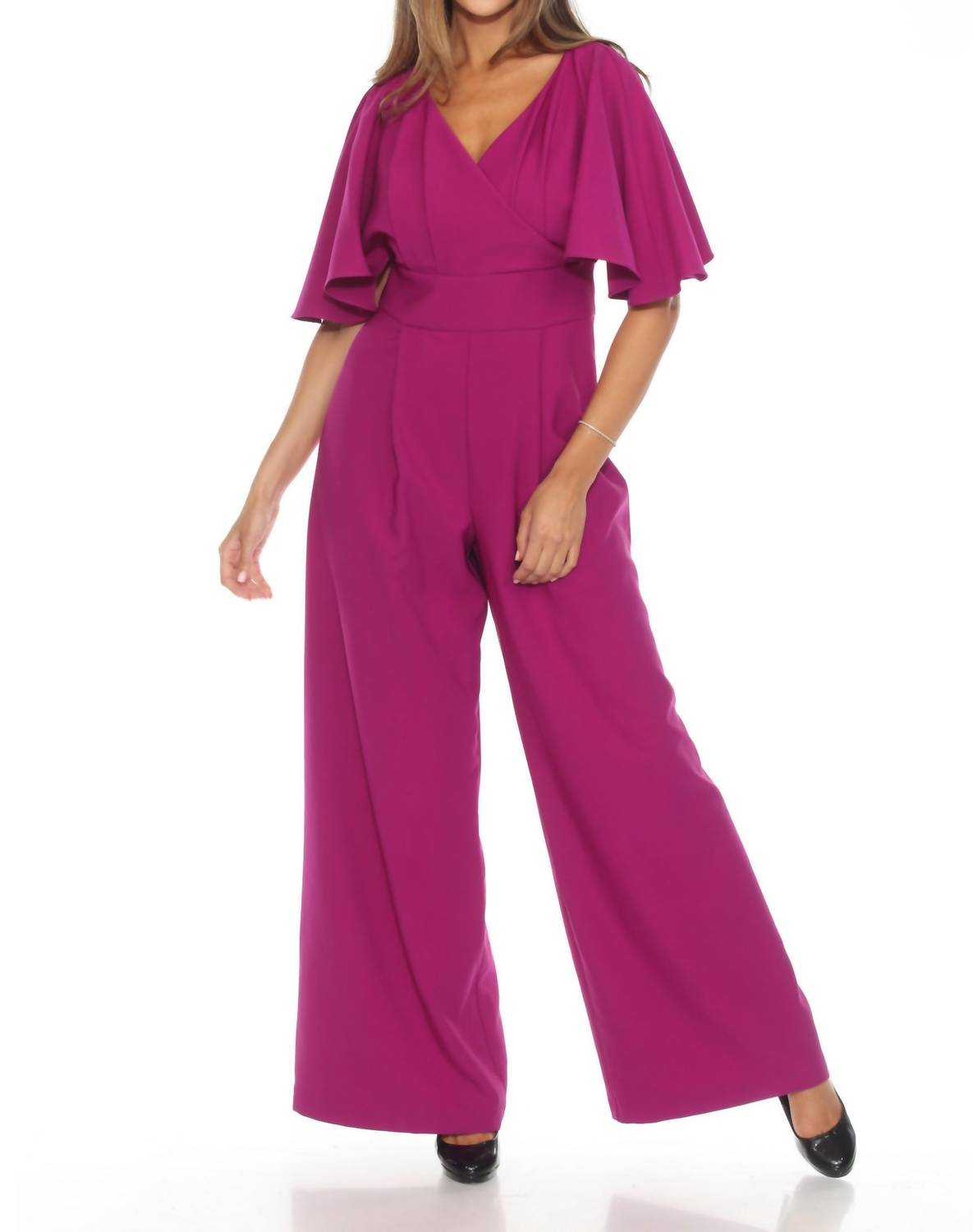 Joseph Ribkoff - Flutter Sleeves Wide Leg Jumpsuit