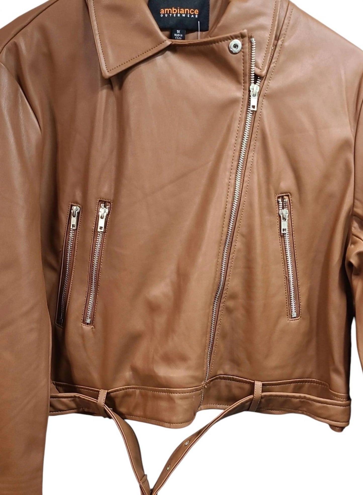 Ambiance - Women's Belted Moto Jacket - Plus