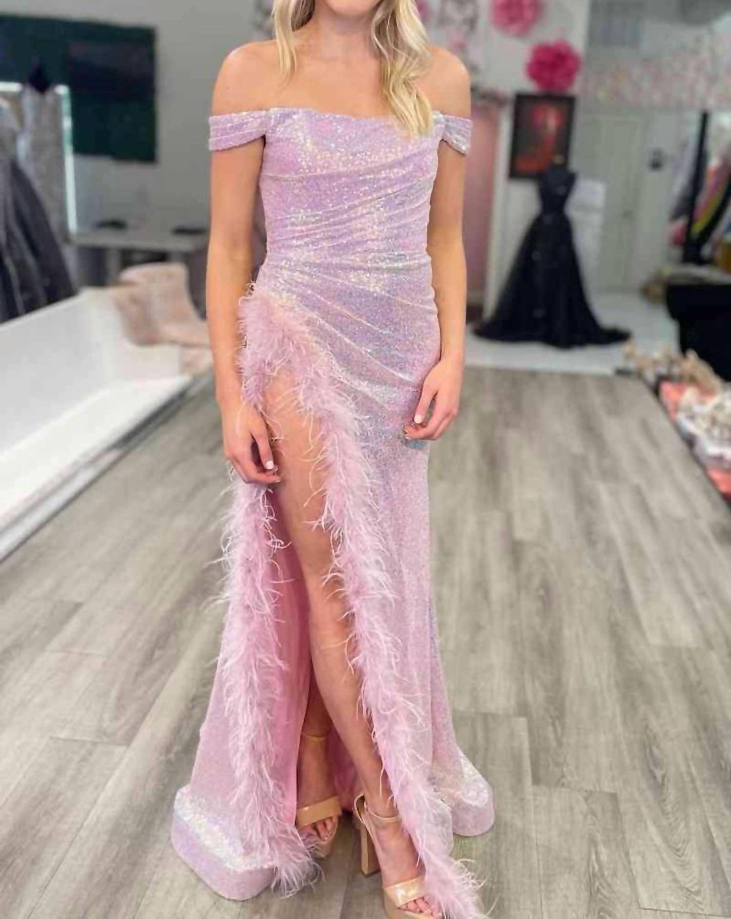 Vienna Prom - High Slit Feathers Off-the-shoulder Long Party Dress