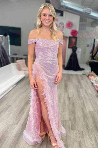Vienna Prom - High Slit Feathers Off-the-shoulder Long Party Dress