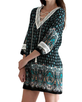 Entro - Border Print Lace up Tassel Tie Dress