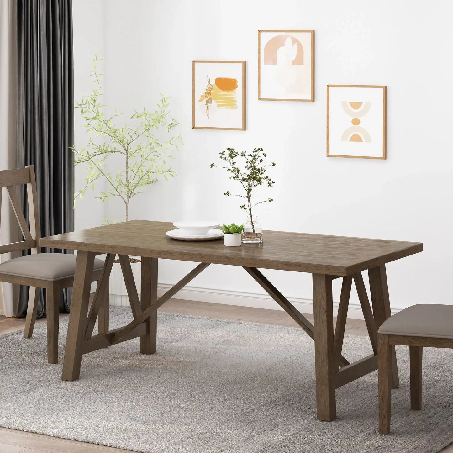 Farmhouse Style Dining Table With Wood-Like Top