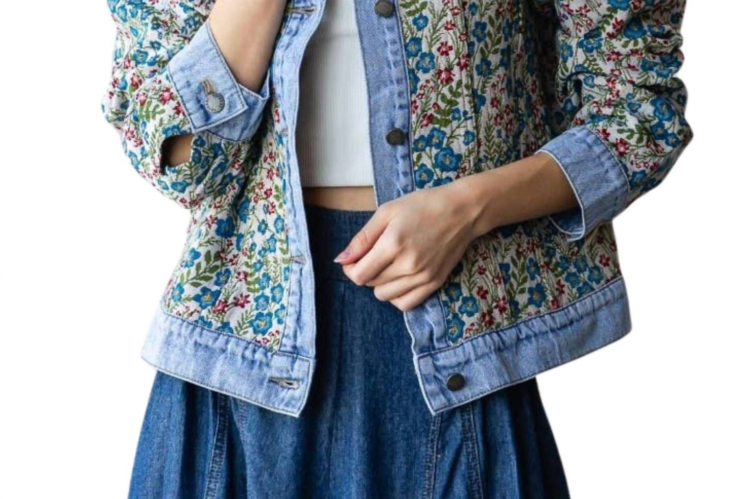 Veveret - Vintage Jacquard Ruffle Collar Denim Jacket