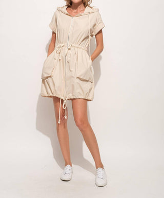 And The Why - Short Sleeve Drawstring Hooded Mini Dress