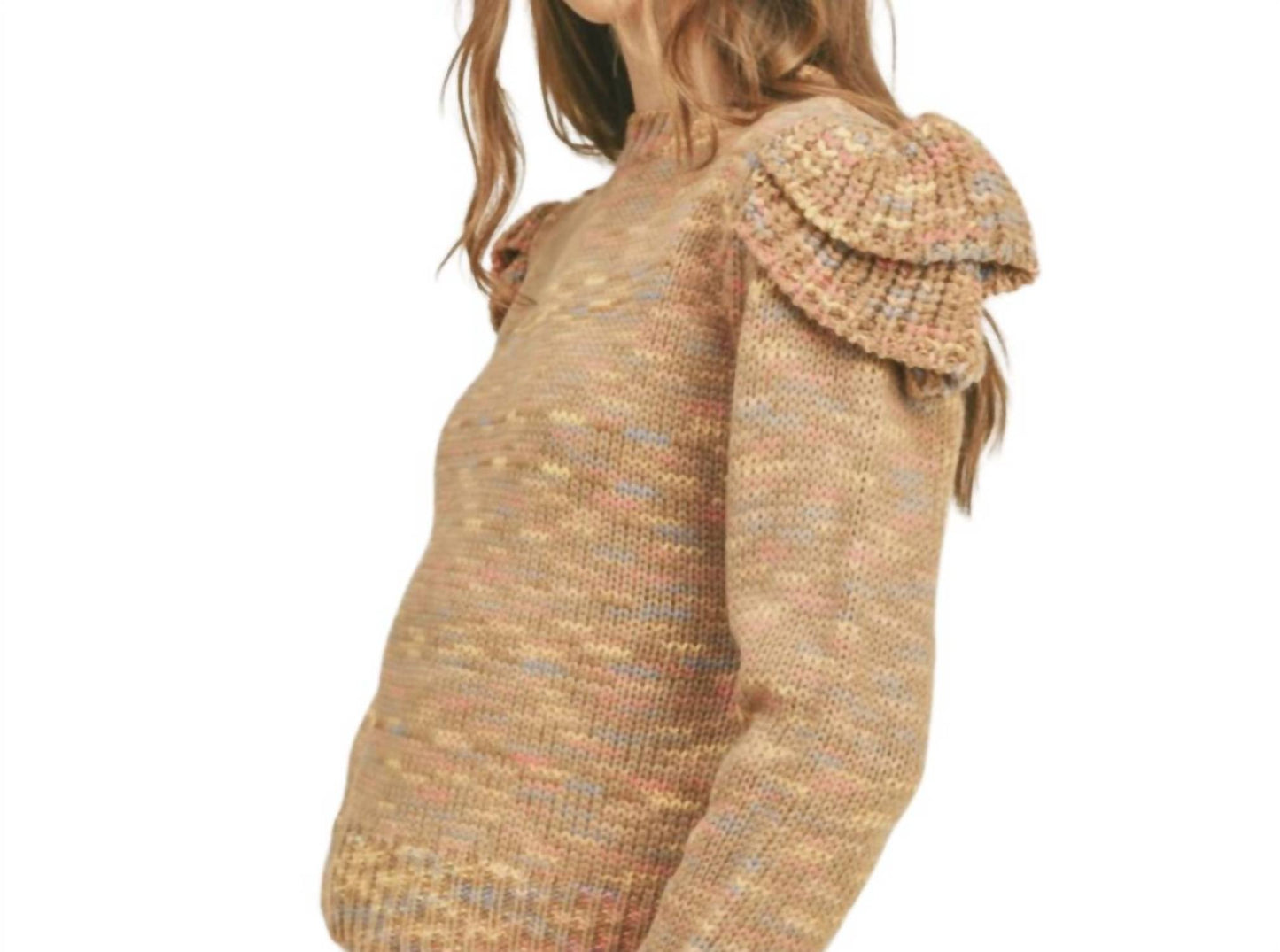 &Merci - Ruffled Shoulder Mix Knit Sweater