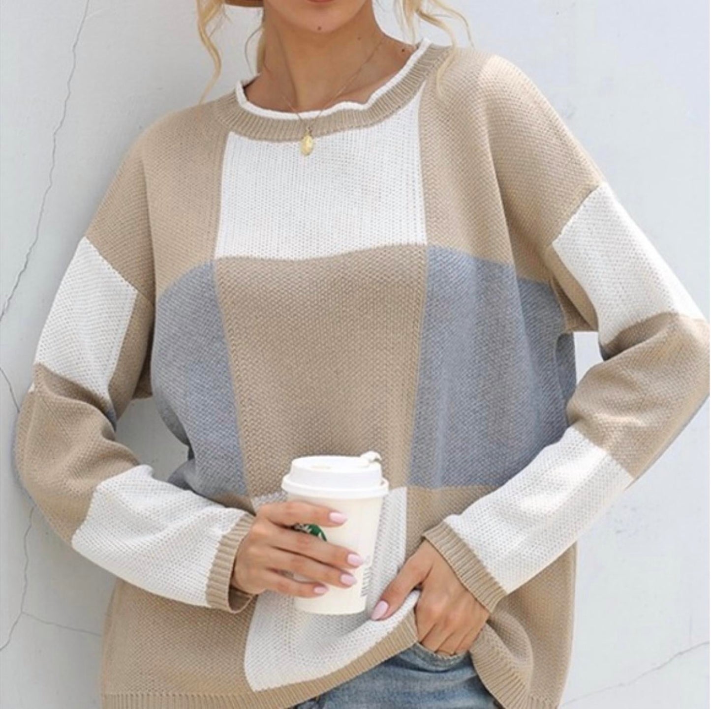 Esley Collection - Squares printing knit sweater top