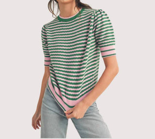 &Merci - Striped Pointelle Puff Sleeve Sweater