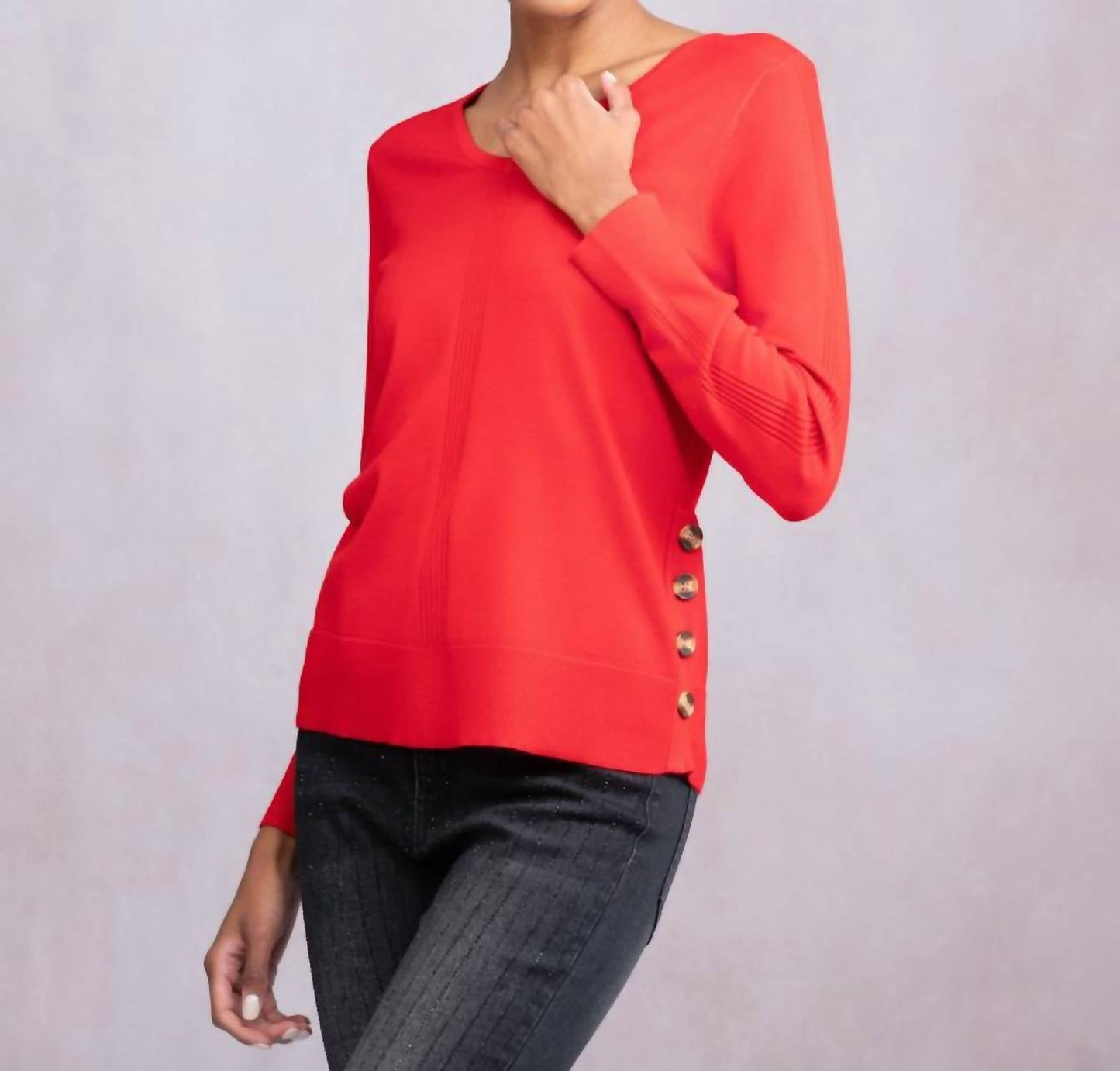 Alison Sheri - V-neck Side-button Knit Sweater
