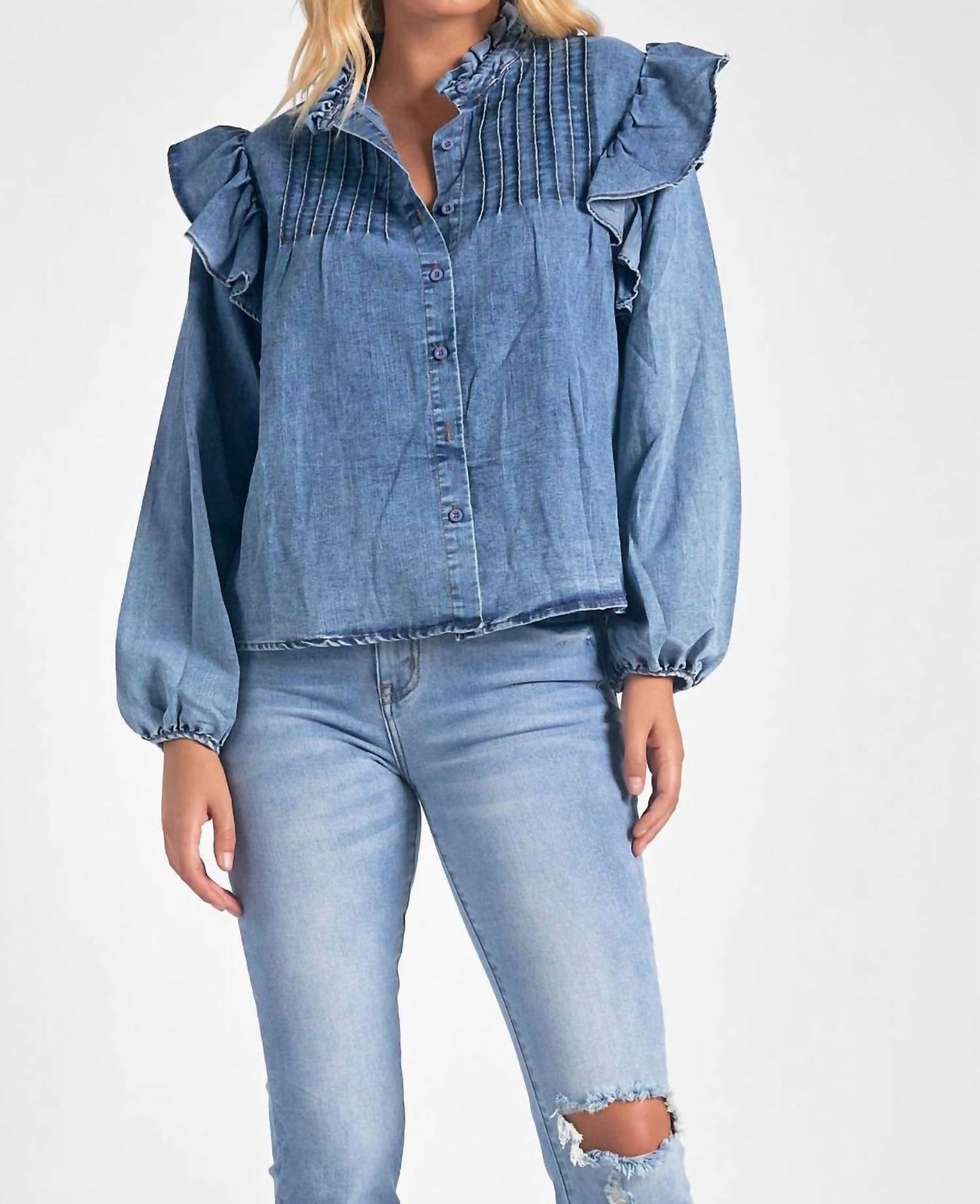 Elan - DENIM LONG SLEEVE RUFFLE TOP