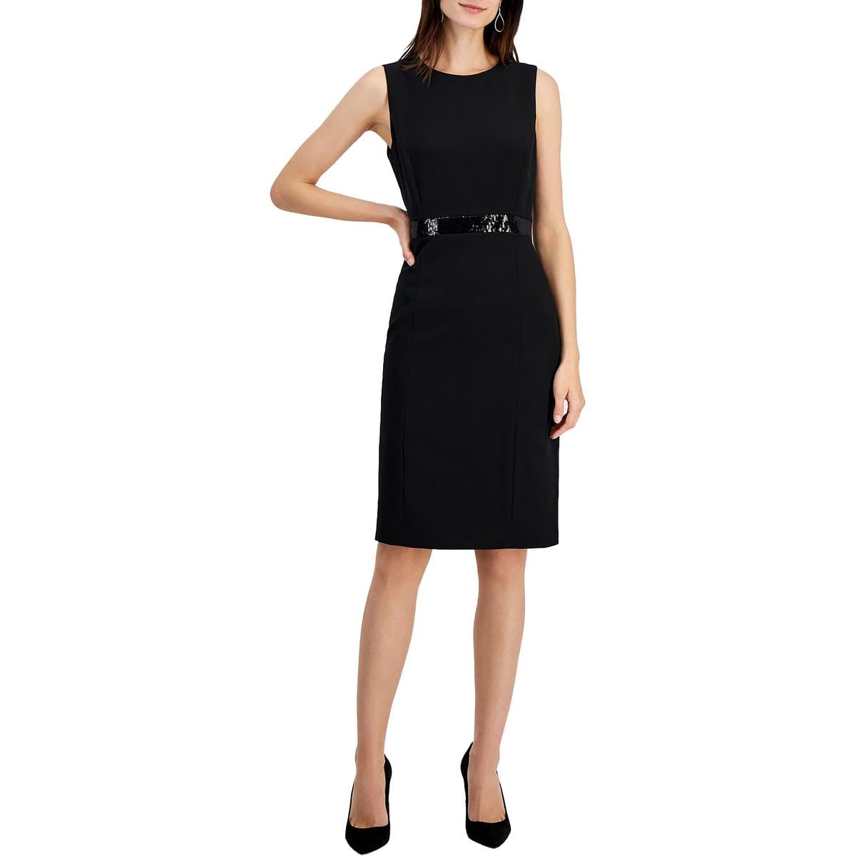 Kasper Black Sheath Dress with Waistband Trim