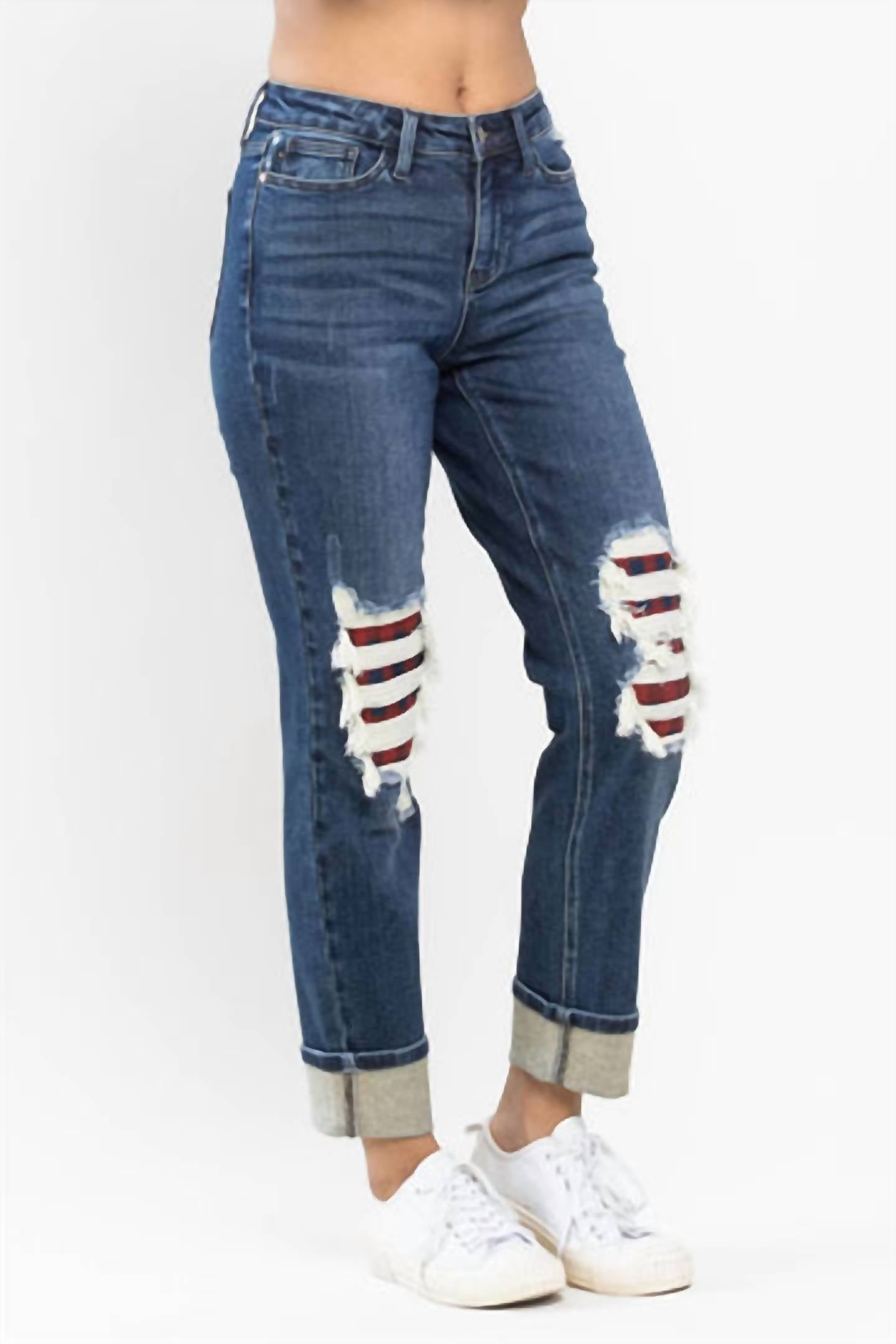 Judy Blue - Buffalo Plaid Knee Jeans