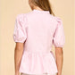 Tcec - Scalloped Split V-neck Puff Sleeve Top