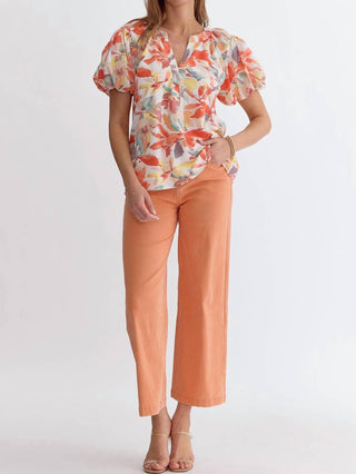 Entro - Floral Print Bubble Sleeve Blouse