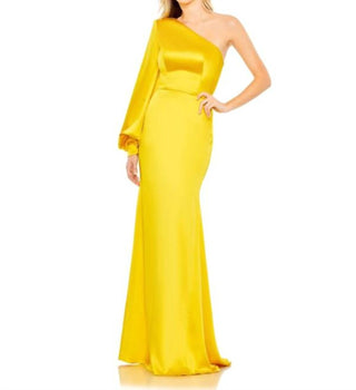 Ieena For Mac Duggal - Yellow One Shoulder Bishop Sleeve Trumpet Gown