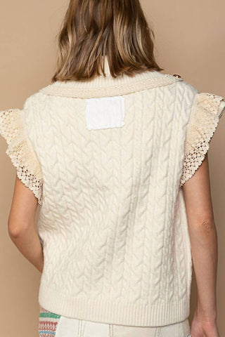 Pol - Crochet Button Down Lace Trim Sweater Vest