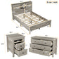3-Pieces Bedroom Set Queen Size Farmhouse Platform Bed with Storage Headboard and Charging Station