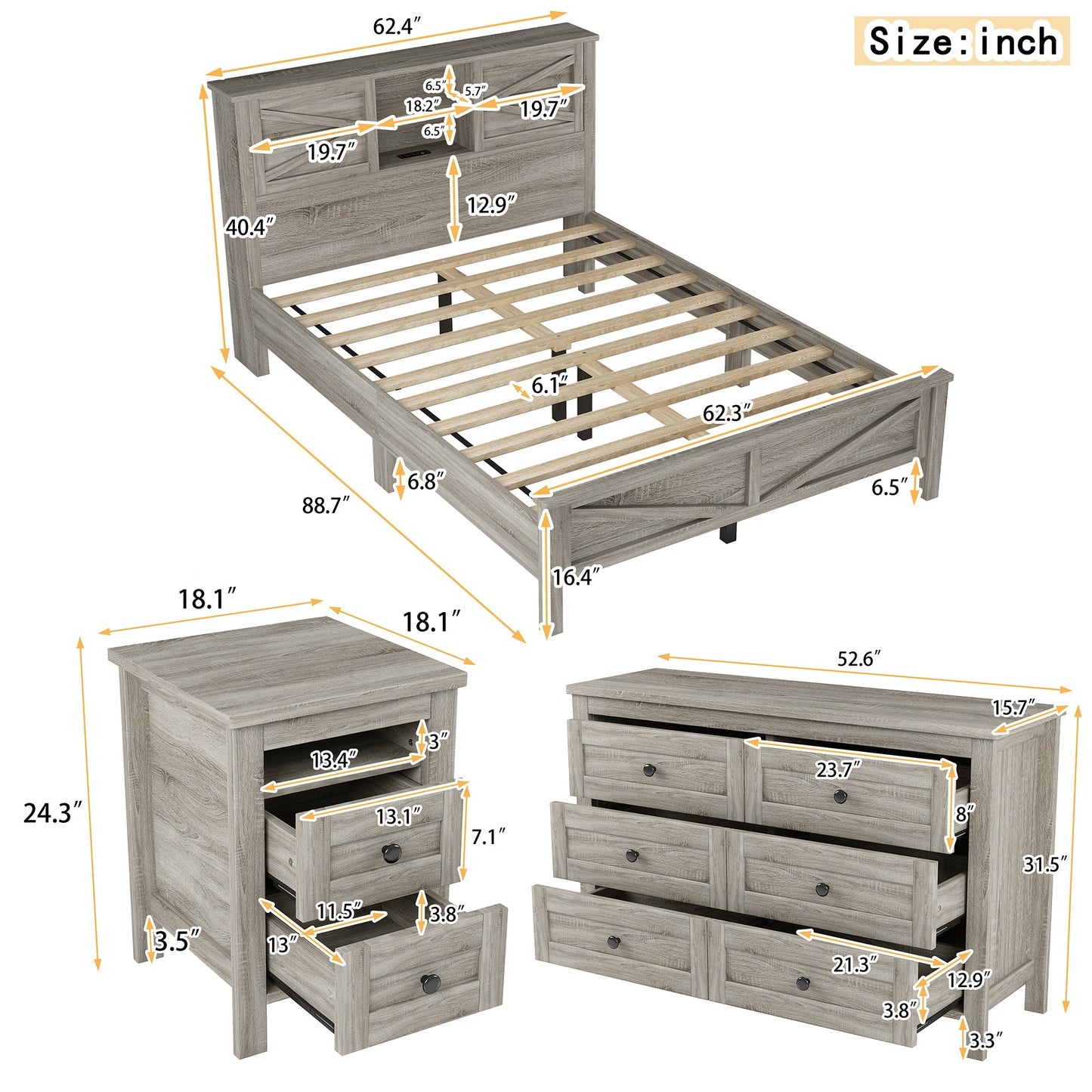 3-Pieces Bedroom Set Queen Size Farmhouse Platform Bed with Storage Headboard and Charging Station