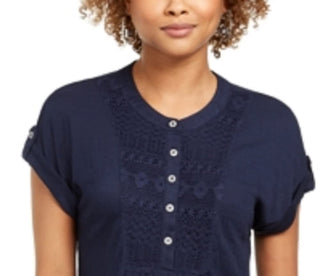 Style & Co Women's Crochet Bib Textured Top Blue Size X-Small