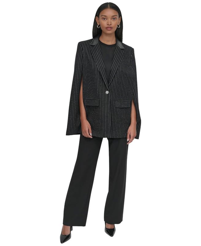 DKNY Womens Pinstriped Cape Jacket Black White Small