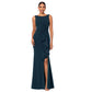 Betsy & Adam Women's Long Sleeveless Boat Neck Ruffle Side Slit Scuba Crepe Gown, Pine, 16