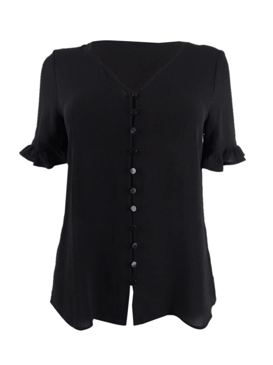 CeCe Sportswear Women's 3/4 Sleeve Ruffled Button Blouse, Rich Black, S