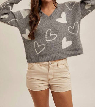 Hem & Thread - Heart V-neck Sweater Top
